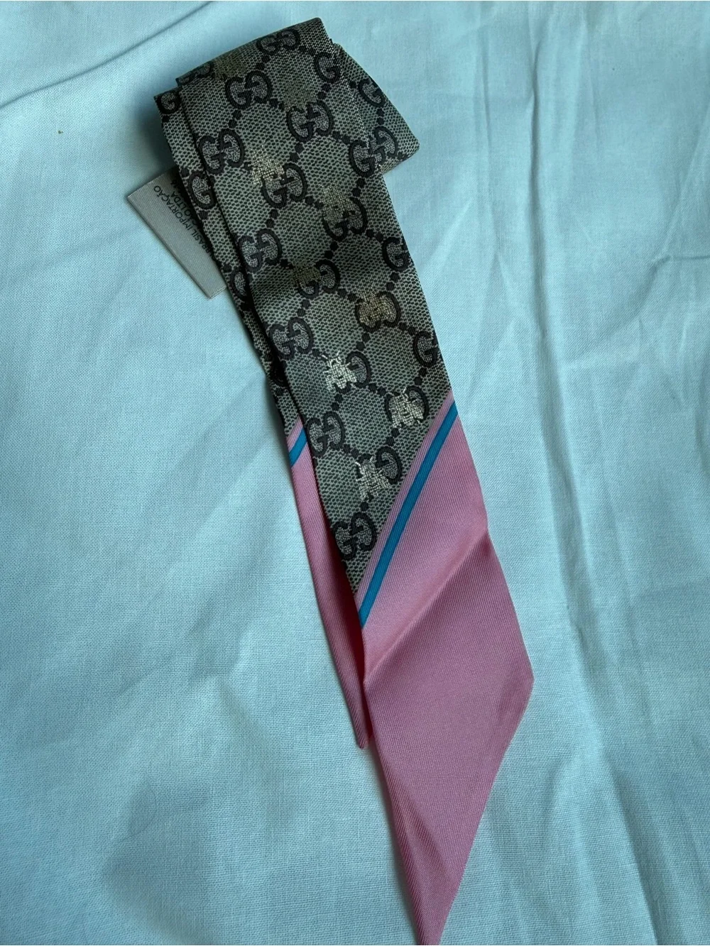 Gucci Beige and Brown GG Silk Twilly with Pink Edge